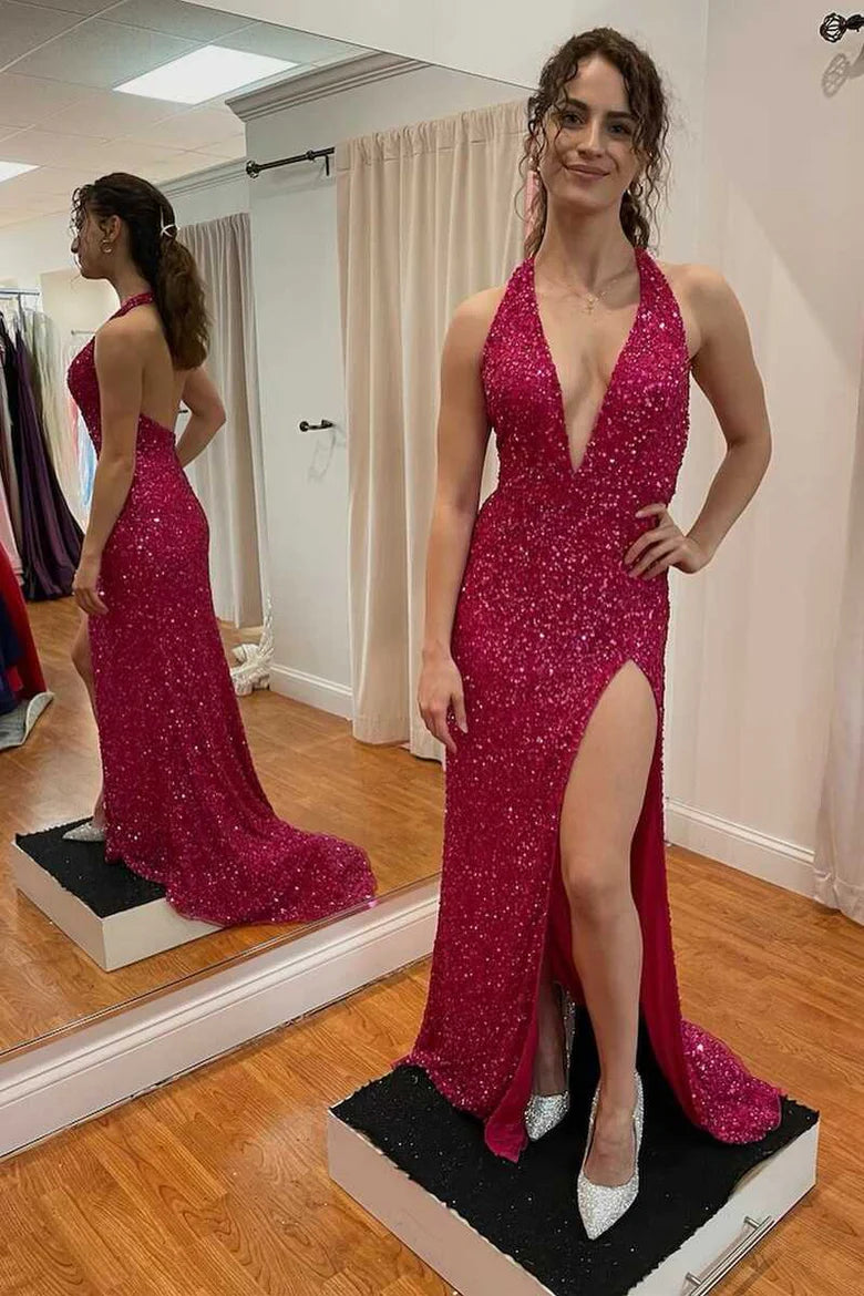 Red Sequin Halter Backless Long Formal Dress with Side Slit